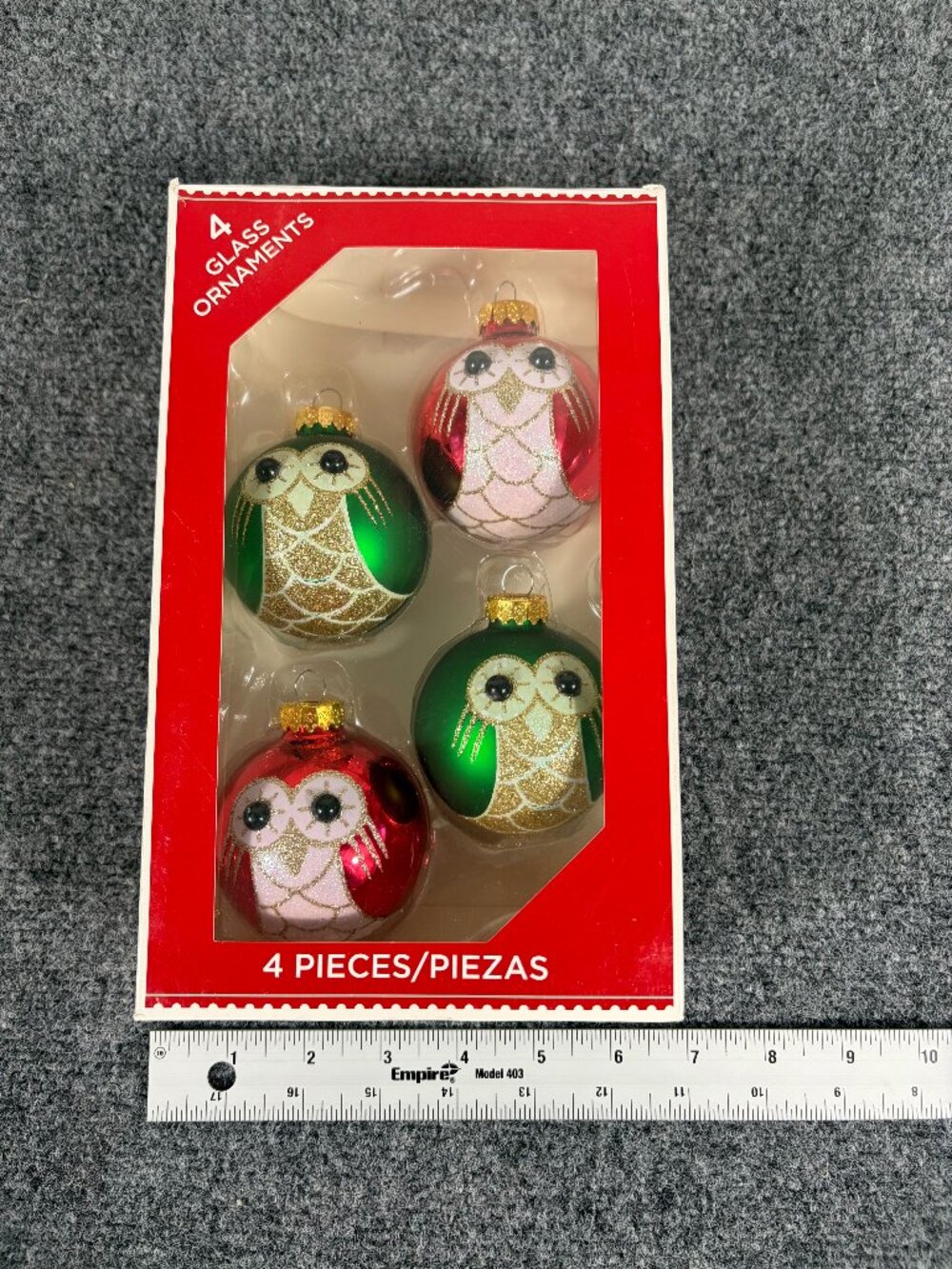 Kitschy Owl Holiday Time Glittery Glass Christmas Tree Ornaments Set of 4